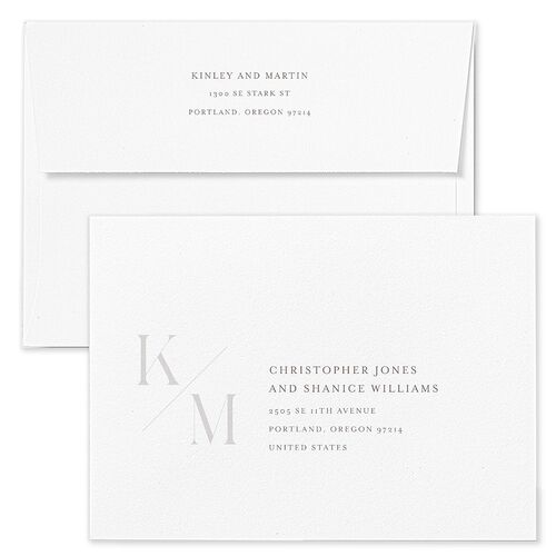Monogram Slant Wedding Invitation Envelopes White Champagne Both Recipient and Return Addresses Standard Signature