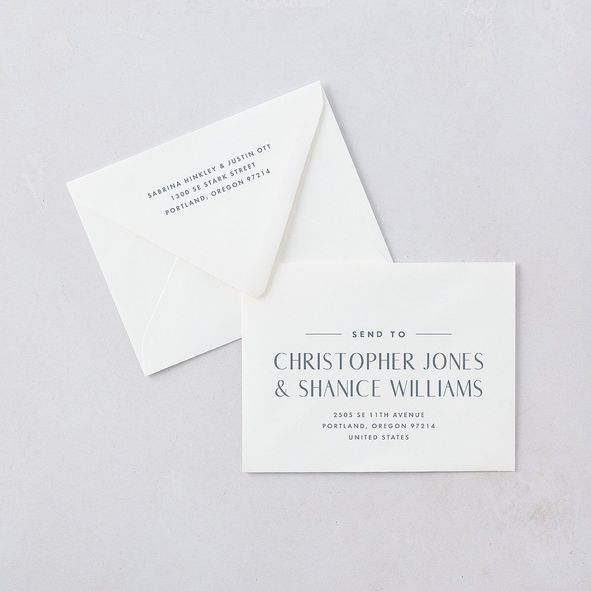Destination Photo Poster Save the Date Petite Card Euro Envelopes Dusty Blue White Both Recipient and Return Addresses Luxe Signature