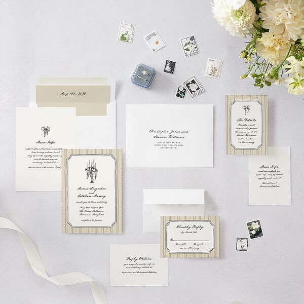 Vintage Candelabra with Bow Wedding Invitations Bisque Signature Blank No Standard