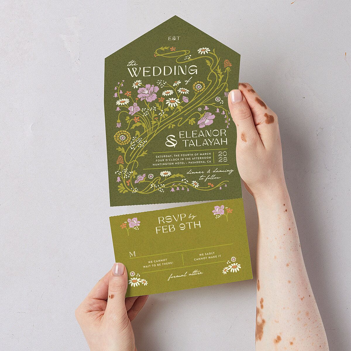 Wildflower Nouveau All-in-One Wedding Invitations Dark Camo Signature Light Both Recipient and Return Addresses No