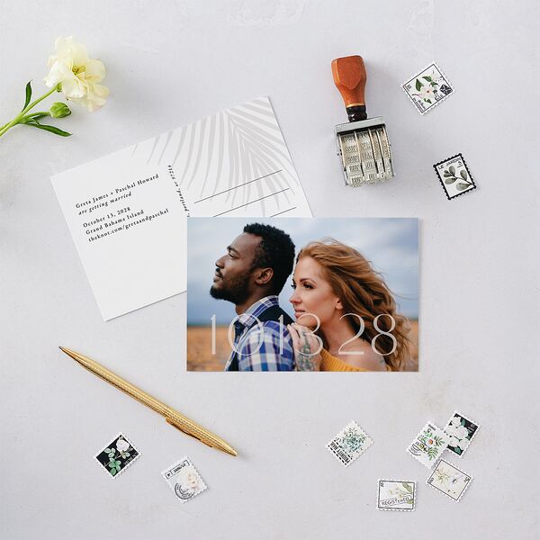Lavish Palm Save The Date Postcards Pure White
