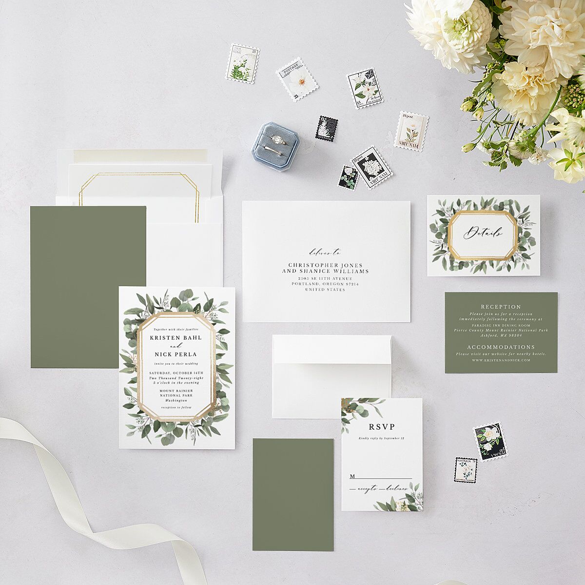 Eucalyptus Frame Foil Wedding Invitations Gold Pure White Signature Blank No Standard