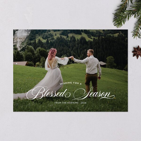 Blessed Season Holiday Cards Hunter Green Signature Blank Standard Landscape