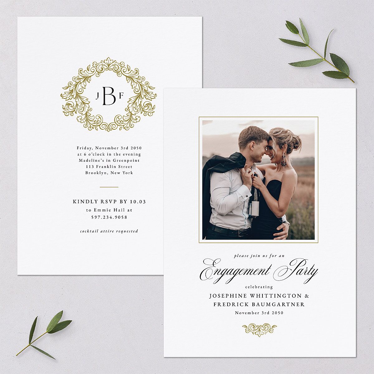 Black Tie Crest Engagement Party Wedding Invitations Pure White Signature Blank No Standard