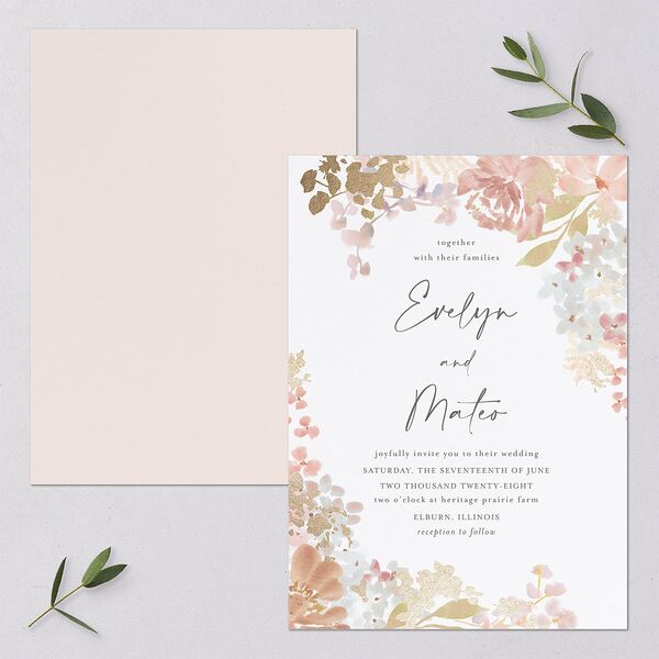 Hydrangea Garden Wedding Invitations Gold Pink Cotton Signature Blank No