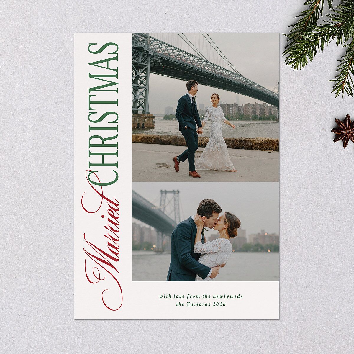 Married Christmas Calligraphy Holiday Cards Hunter Green Signature Blank Standard