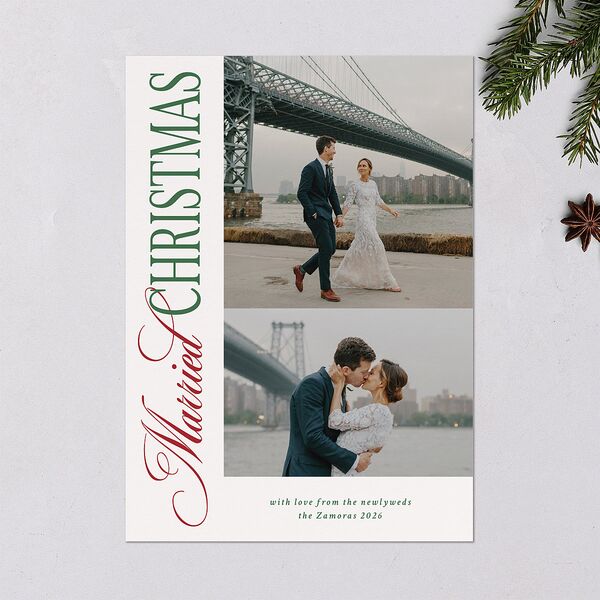 Married Christmas Calligraphy Holiday Cards Hunter Green Signature Blank Standard
