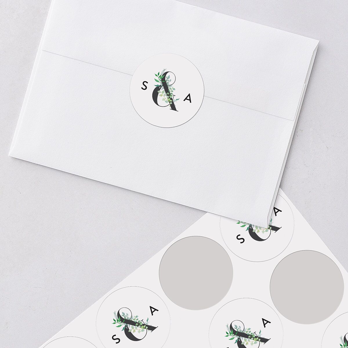 Leafy Ampersand Wedding Stickers Eucalyptus Circle