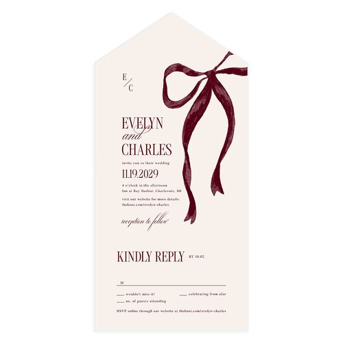 Whimsical Hand Drawn Bow All-in-One Wedding Invitations Burgundy Signature Light Both Recipient and Return Addresses No