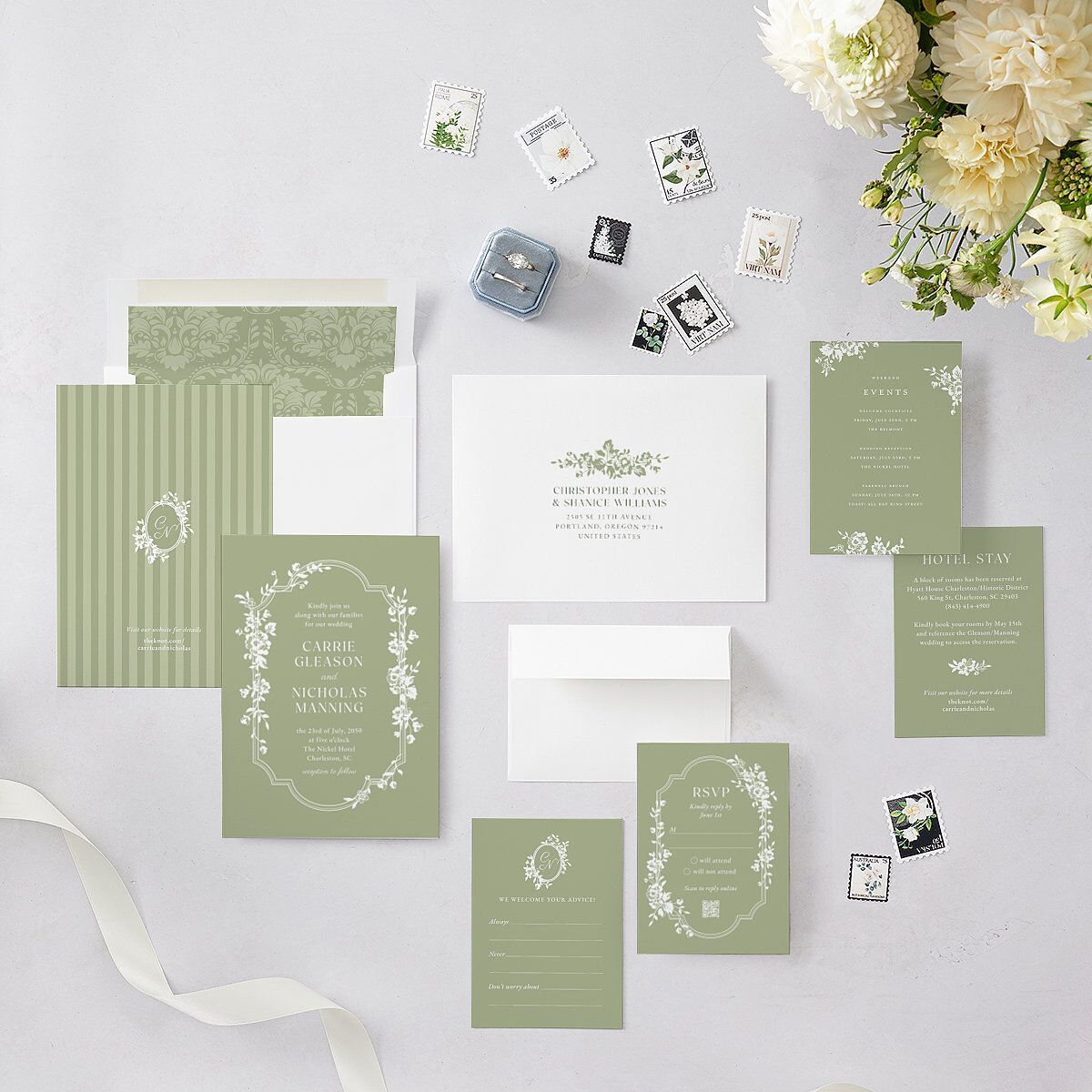 Fairytale Lace Floral Frame Wedding Invitations Moss Signature Blank No Standard