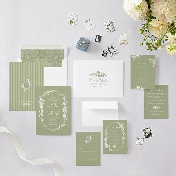 Fairytale Lace Floral Frame Wedding Invitations Moss Signature Blank No Standard