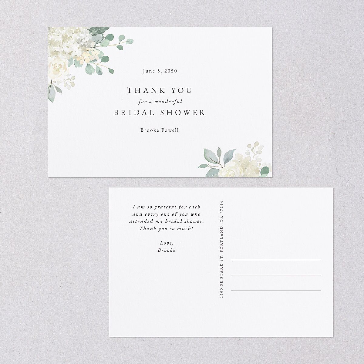 Elegant Hydrangea Bridal Shower Thank You Postcards Off-White