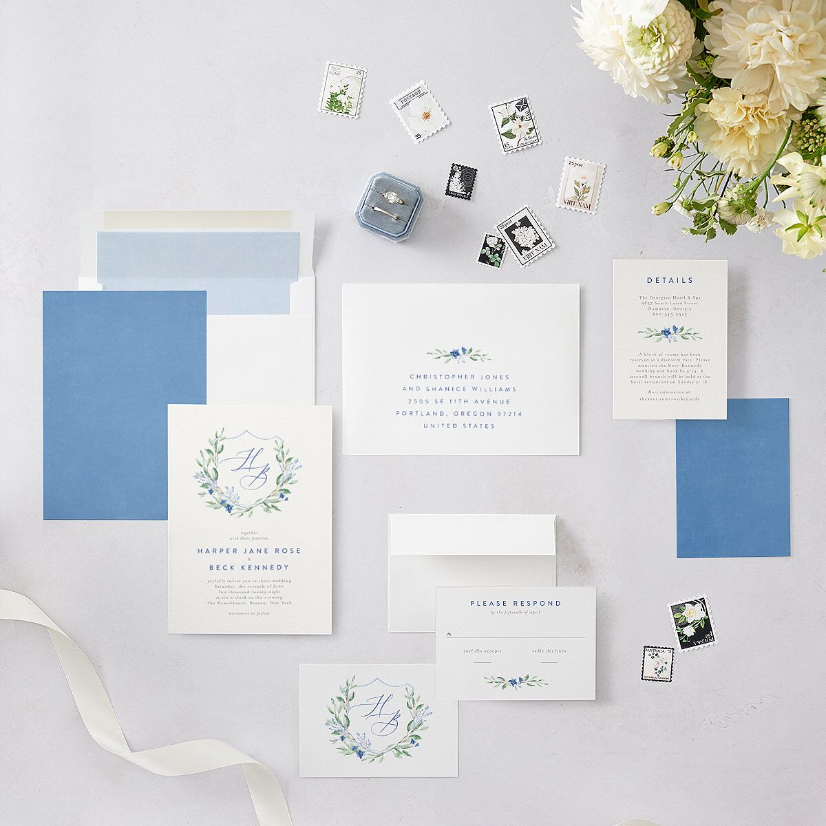 Watercolor Crest Wedding Invitations Cornflower Signature Blank No Standard
