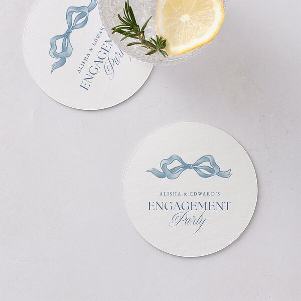 Vintage Bow Engagement Party Coasters Regency Blue Cardboard Circle
