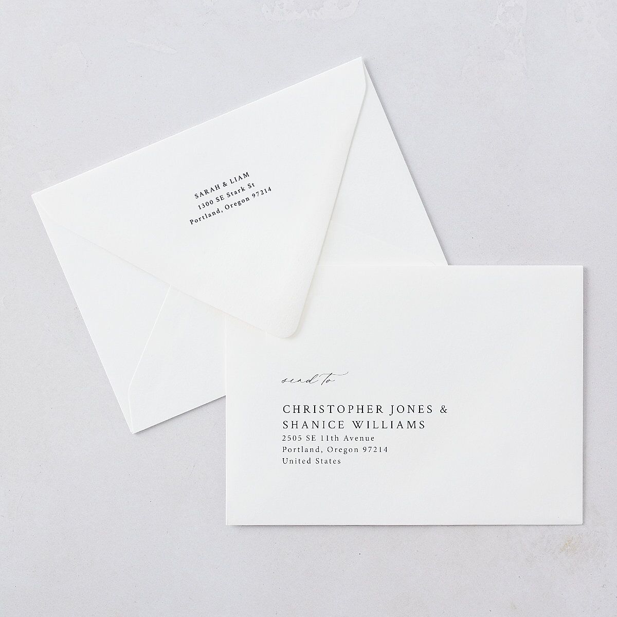 Elevated Minimalist Ampersand Wedding Invitation Euro Envelopes White Navy Both Recipient and Return Addresses Luxe Signature