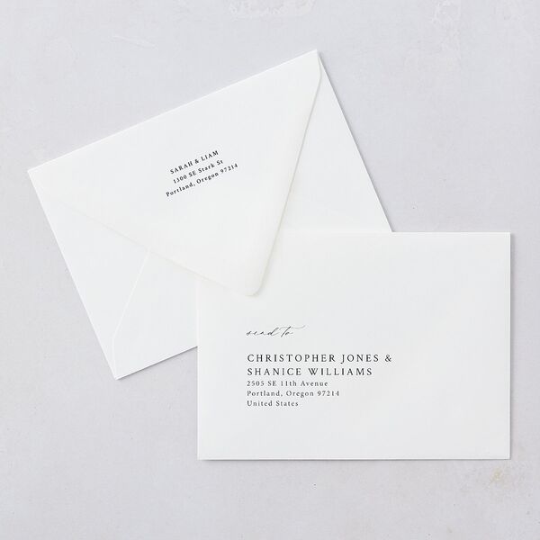 Elevated Minimalist Ampersand Wedding Invitation Euro Envelopes White Navy Both Recipient and Return Addresses Luxe Signature