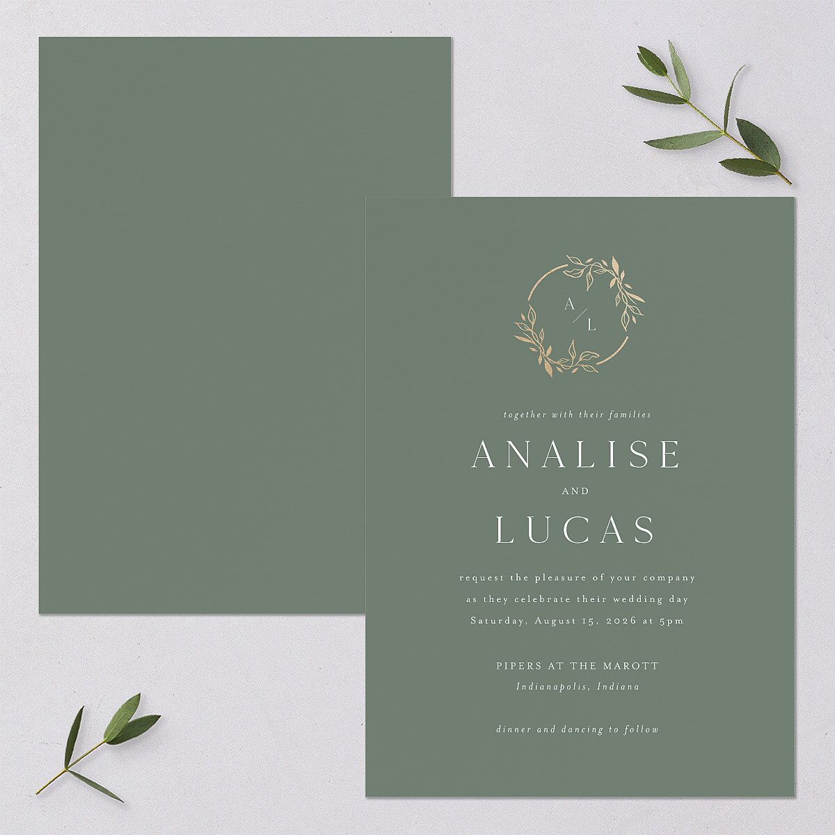 Monogram Leaves Wedding Invitations Gold Eucalyptus Signature Blank No Standard