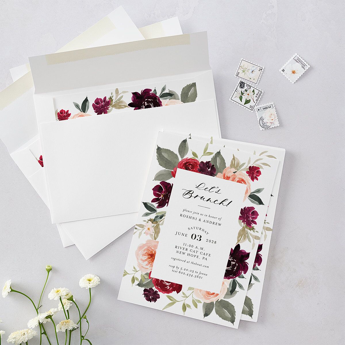 Vibrant Floral Bridal Shower Invitations Deep Claret Signature Blank
