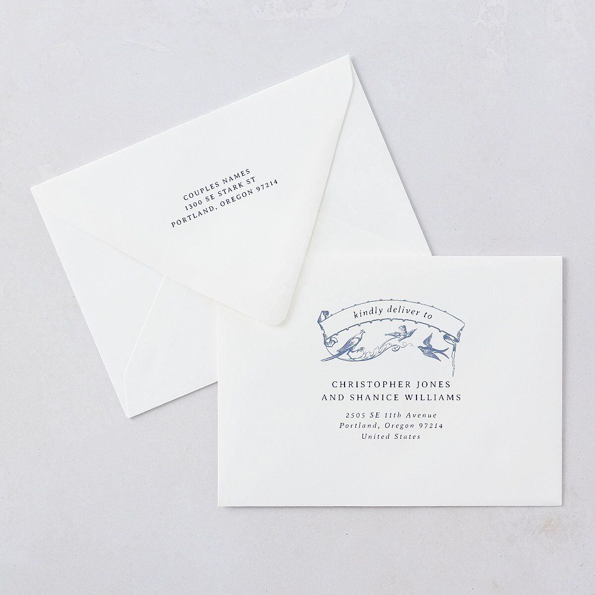Vintage Toile Rehearsal Dinner Invitation Euro Envelopes White Luxe Sapphire Both Recipient and Return Addresses
