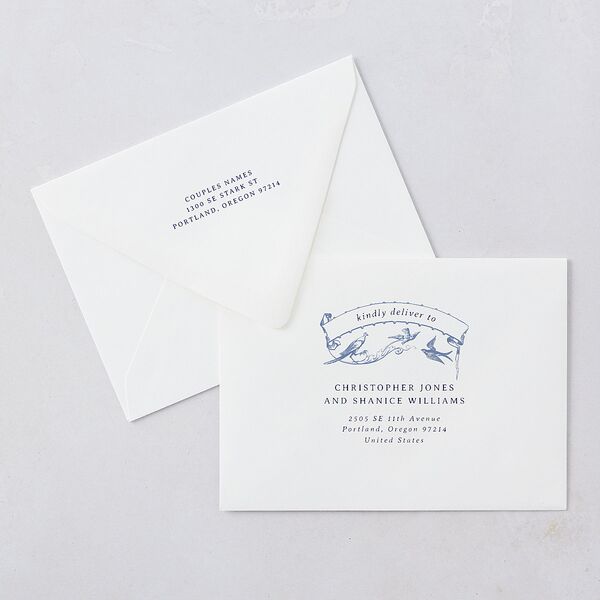 Vintage Toile Rehearsal Dinner Invitation Euro Envelopes White Luxe Sapphire Both Recipient and Return Addresses
