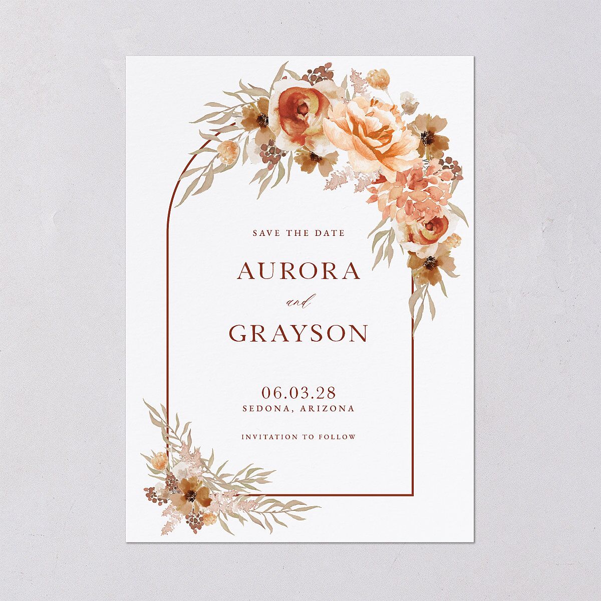 Bohemian Arch Save The Date Cards Copper Signature smooth Blank No Standard