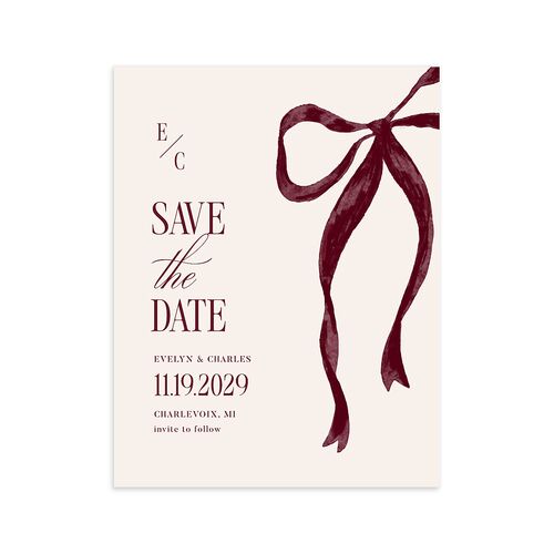 Whimsical Hand Drawn Bow Save the Date Petite Cards Burgundy Signature smooth Blank No Standard