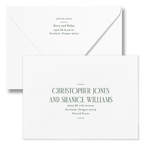 Cosmopolitan Save The Date Card Euro Envelopes White Hunter Green Both Recipient and Return Addresses Luxe Signature