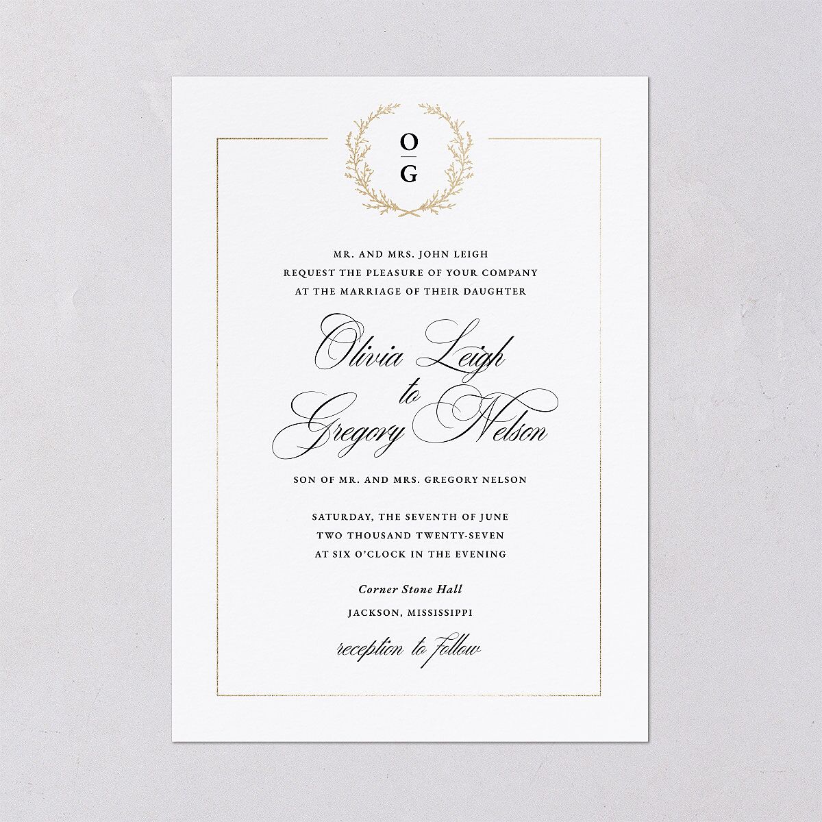 Gilded Wreath Wedding Invitations Gold Pure White Signature Blank No Standard