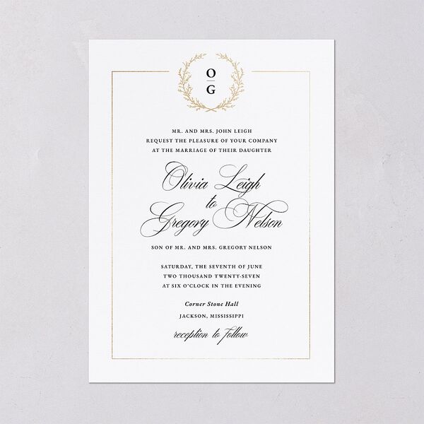 Gilded Wreath Wedding Invitations Gold Pure White Signature Blank No Standard