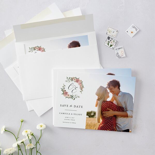 Floral Monogram Save The Date Cards Rose Quartz Signature smooth Blank No Standard