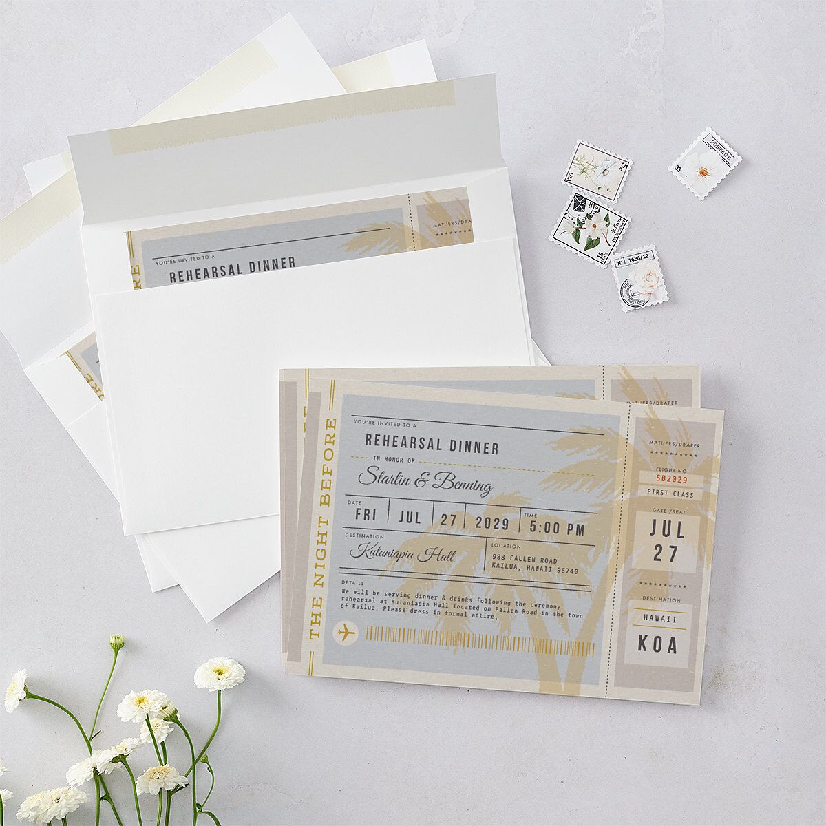 Retro Boarding Pass Travel Ticket Rehearsal Dinner Invitations Slate Signature Blank Standard