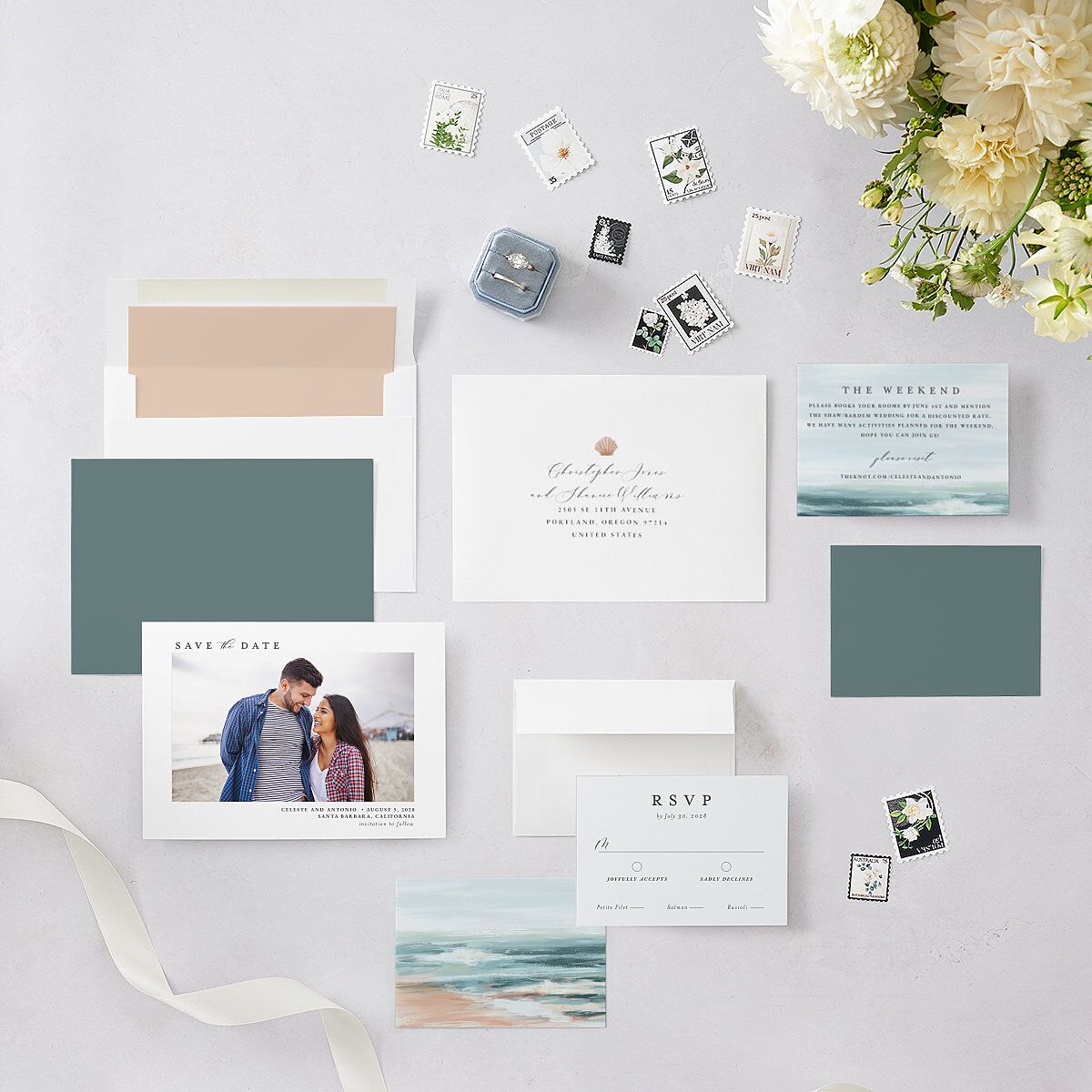 Painted Beach Save The Date Cards Dusty Blue Signature smooth Blank No Standard