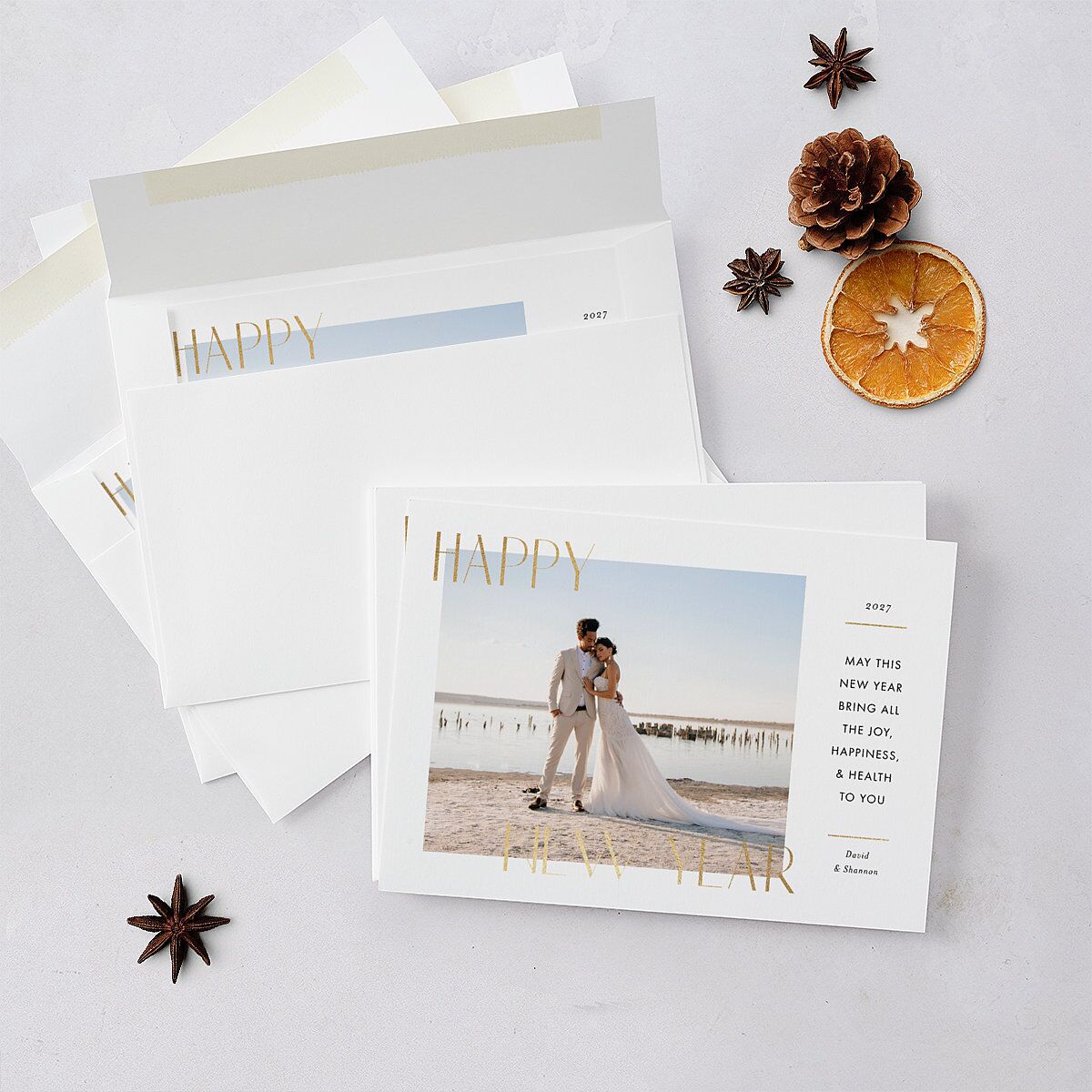 Joyous New Year Holiday Cards Gold Pure White Signature Blank Landscape Standard