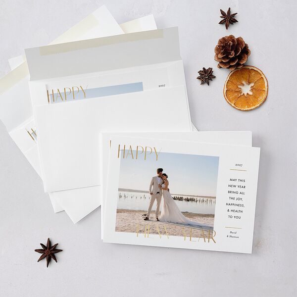 Joyous New Year Holiday Cards Gold Pure White Signature Blank Landscape Standard