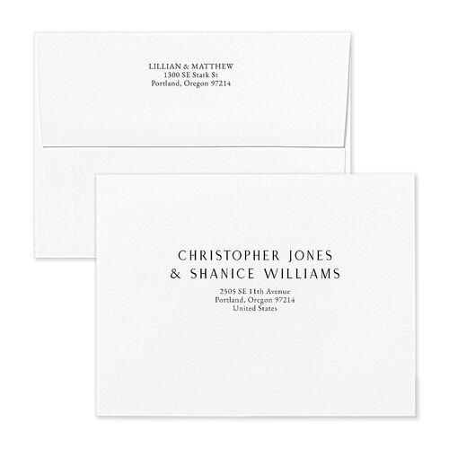 Editorial Monogram Save the Date Petite Card Envelopes Licorice White Both Recipient and Return Addresses Signature Standard