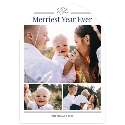 Our Merriest Year Baby Announcement Holiday Cards Sapphire Signature Blank Arch Landscape
