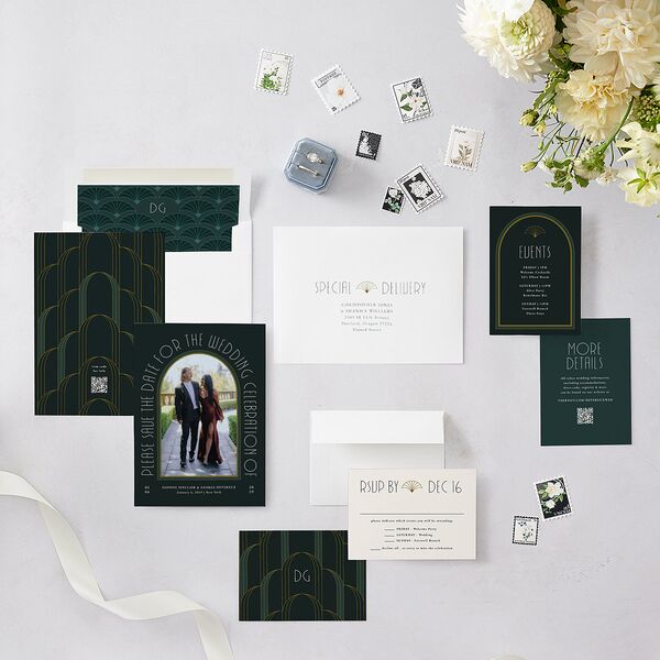 Gatsby Deco Arch Save the Date Cards Dark Emerald Signature smooth Blank No Standard