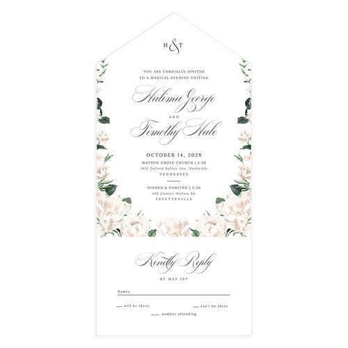 Formal Peony Garden All-in-One Wedding Invitations Sand Signature Light Both Recipient and Return Addresses No