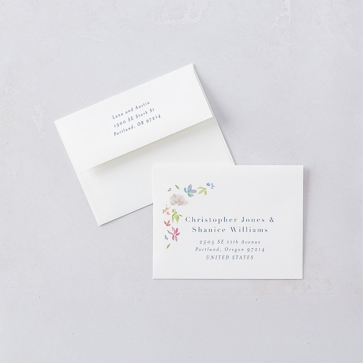 Floral Appliqué Thank You Card Envelopes White Slate Both Recipient and Return Addresses Signature Standard
