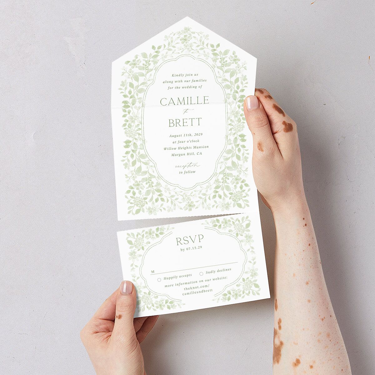 Porcelain Blue Floral Watercolor All-in-One Wedding Invitations Moss Signature Light Both Recipient and Return Addresses No