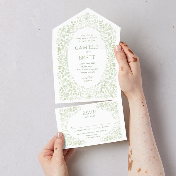 Porcelain Blue Floral Watercolor All-in-One Wedding Invitations Moss Signature Light Both Recipient and Return Addresses No