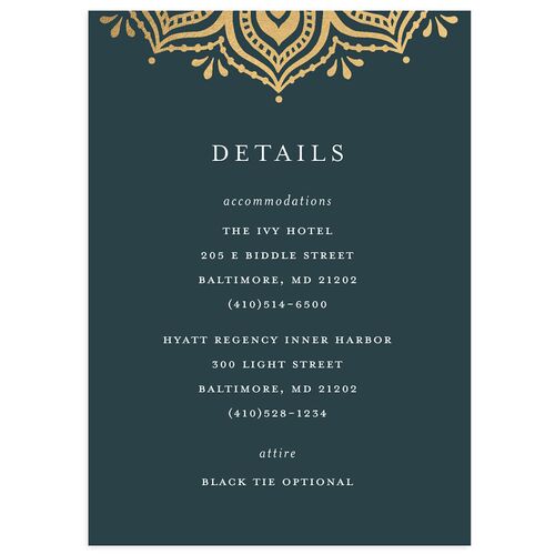 Indian Gilded Adornment Wedding Event Detail Cards Gold Dark Emerald Signature Standard
