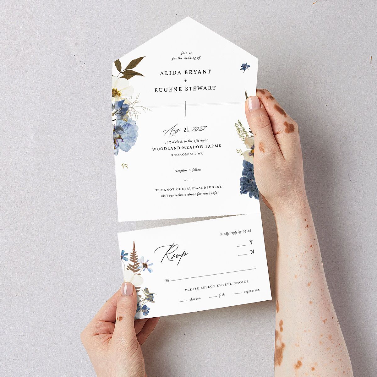Pressed Flowers All-in-One Wedding Invitations Regency Blue Signature Light Both Recipient and Return Addresses No