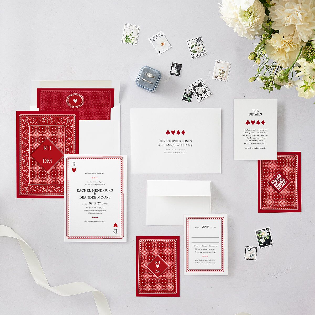 Las Vegas Playing Card Wedding Invitations Jewel Red Signature Blank No