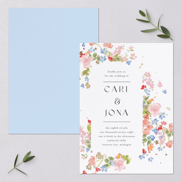 Scattered Blossoms Wedding Invitations Gold Pastel Blue Signature Blank No