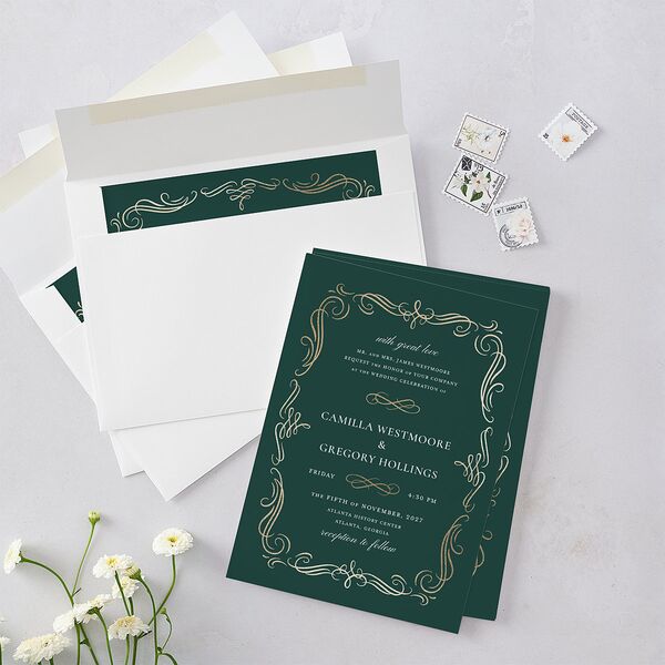 Antique Fairytale Foil Wedding Invitations Gold Dark Emerald Signature Blank No Standard