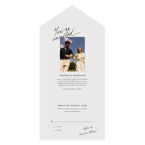 Elegant Editorial Page All-in-One Wedding Invitations Mist Signature Light Both Recipient and Return Addresses No
