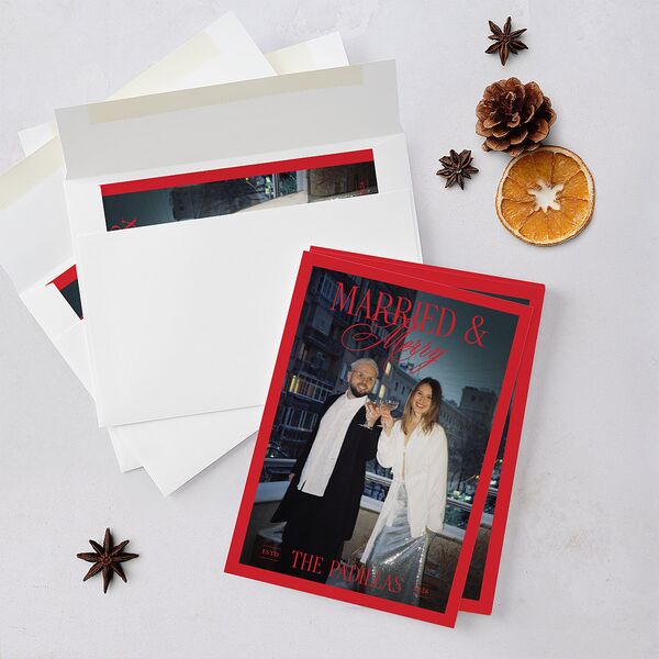 Retro Classic Newlywed Photo Holiday Cards Scarlet Signature Blank Standard