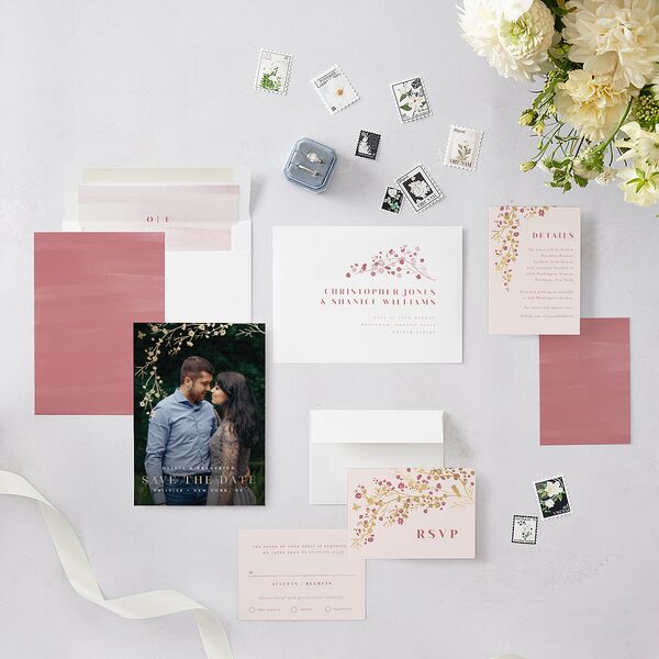 Cherry Blossoms Save The Date Cards Gold Soft Pink Signature smooth Blank No Standard