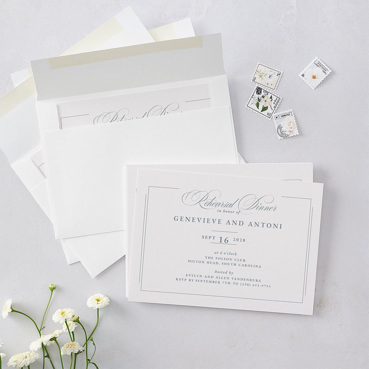 Elegant Photograph Rehearsal Dinner Invitations Dusty Blue Signature Blank Standard